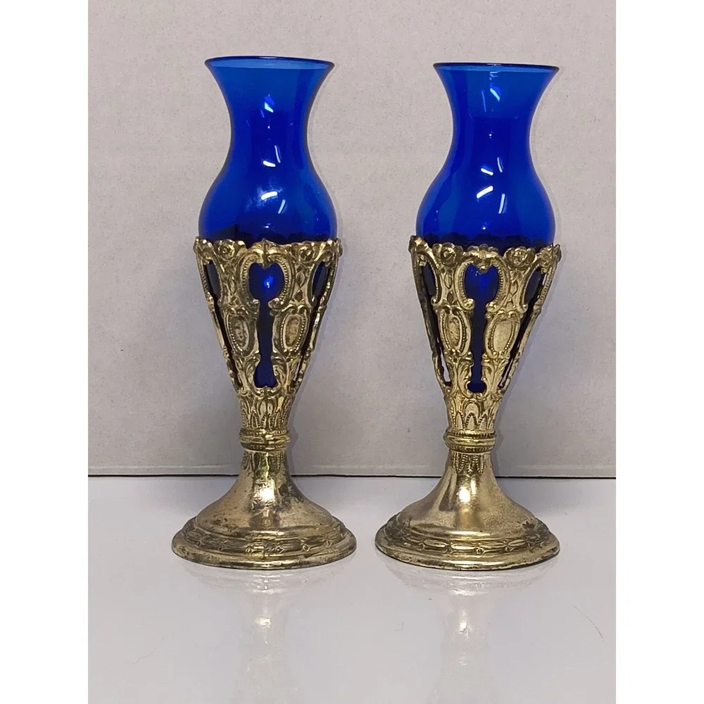 Vintage Cobalt Blue Mini Glass Bud Vase Ornate Metal Stand Set Victorian Style‎